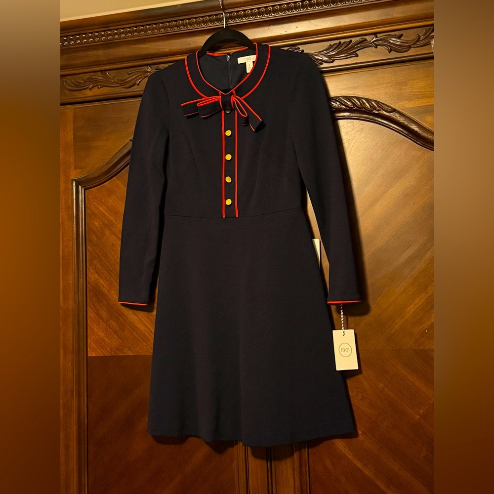 1901 Navy Dress with Red Trim and Gold Buttons